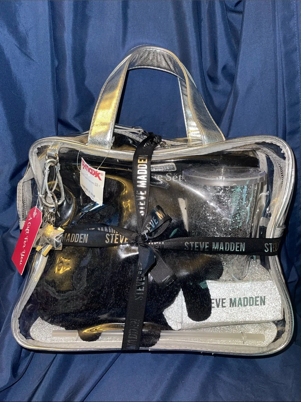 Steve Madden 5 Piece Set - Cosmetic Bag, Key Chain, Tumbler, Hat & Gloves